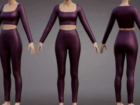 Womens Yoga Workout Set - Ribbed Crop Top Leggings Outfit 3D Clothing 3D Model