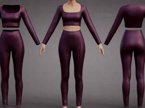 Womens Yoga Workout Set - Ribbed Crop Top Leggings Outfit 3D Clothing 3D Model