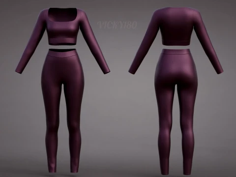 Womens Yoga Workout Set - Ribbed Crop Top Leggings Outfit 3D Clothing 3D Model