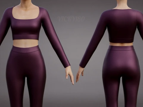 Womens Yoga Workout Set - Ribbed Crop Top Leggings Outfit 3D Clothing 3D Model