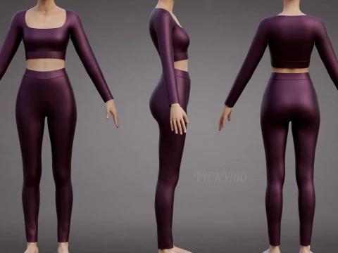 Womens Yoga Workout Set - Ribbed Crop Top Leggings Outfit 3D Clothing 3D Model