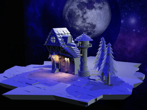 Stylized Fantasy Night House-Low Poly Winter Environment 3D Model