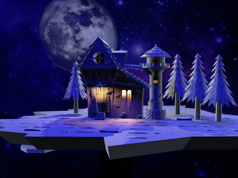 Stilize Fantezi Gece Evi-D&uuml;ş&uuml;k Poli Kış Ortamı 3D Model