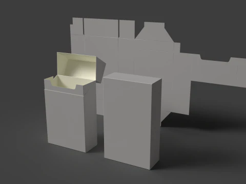 골판지 담배갑 포장이 열려 있고 닫혀 있으며 분해되어 있습니다. 3D 모델