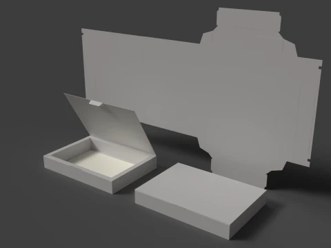 Une barquette en carton avec un large rebord et un couvercle. L'emballage peut &ecirc;tre ouvert, ferm&eacute; et d&eacute;mont&eacute;. Modèle 3D