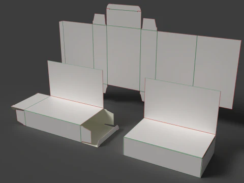 외부 패널이 있는 판지 상자 포장을 열고 닫을 수 있으며 분해할 수 있습니다. 3D 모델