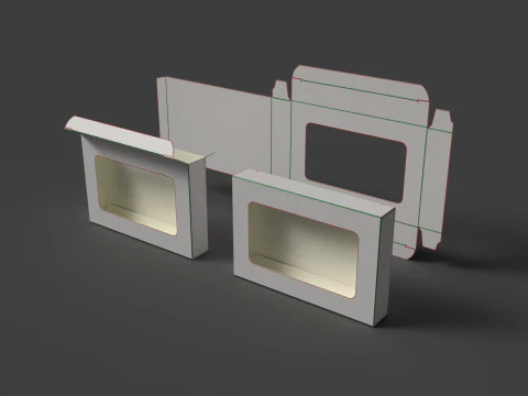 Una scatola di cartone con finestra Imballaggio aperto, chiuso e smontato Modello 3D