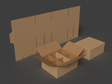 6칸 골판지 상자 개봉 및 분해된 포장 3D 모델
