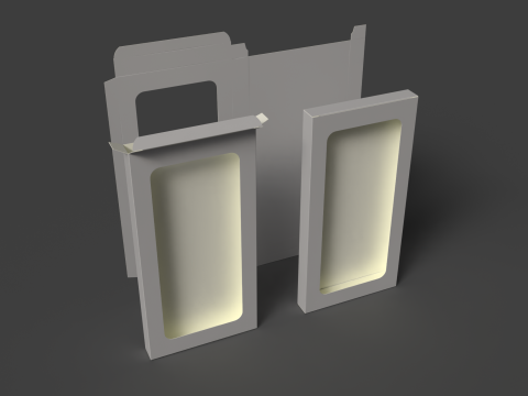 Картонная коробка с окошком. Открытая закрытая и разобранная упаковка. 3D Модель