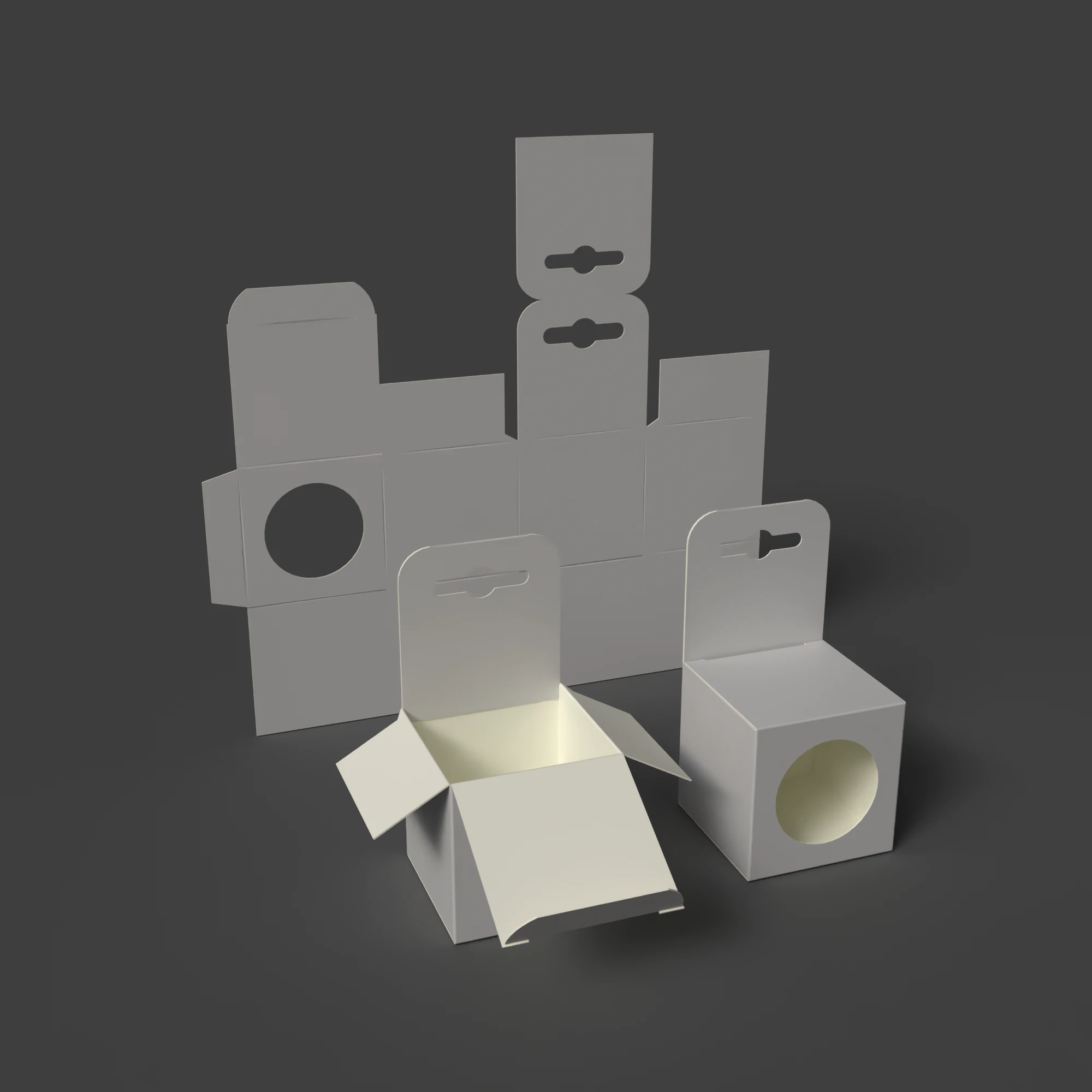 Cardboard box with a round window and euro-hanger Open closed and disassembled packaging 3D Model .c4d .max .obj .3ds .fbx .stl .blend 