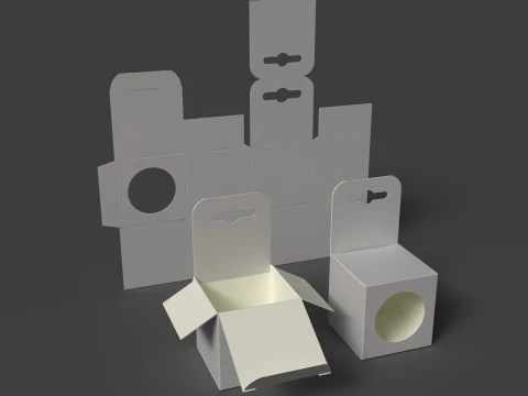 Scatola di cartone con finestra rotonda ed euro-appendino Imballaggio aperto, chiuso e smontato Modello 3D