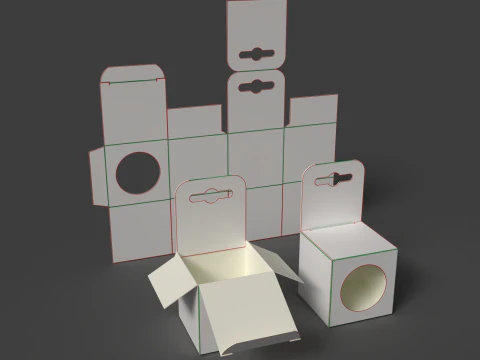 Cardboard box with a round window and euro-hanger Open closed and disassembled packaging 3D Model