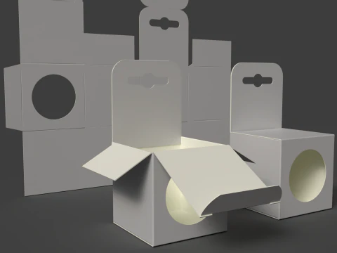 Cardboard box with a round window and euro-hanger Open closed and disassembled packaging 3D Model