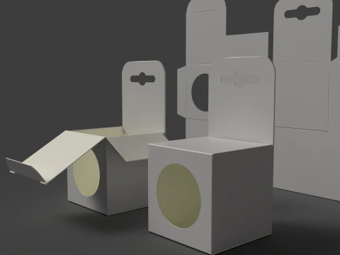 Cardboard box with a round window and euro-hanger Open closed and disassembled packaging 3D Model