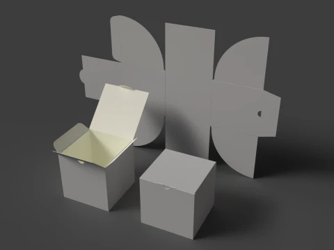 Un vassoio quadrato in cartone con coperchio e serratura. Confezione aperta, chiusa e smontata Modello 3D