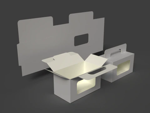 Una scatola di cartone con maniglia per il trasporto Imballaggio aperto, chiuso e smontato Modello 3D