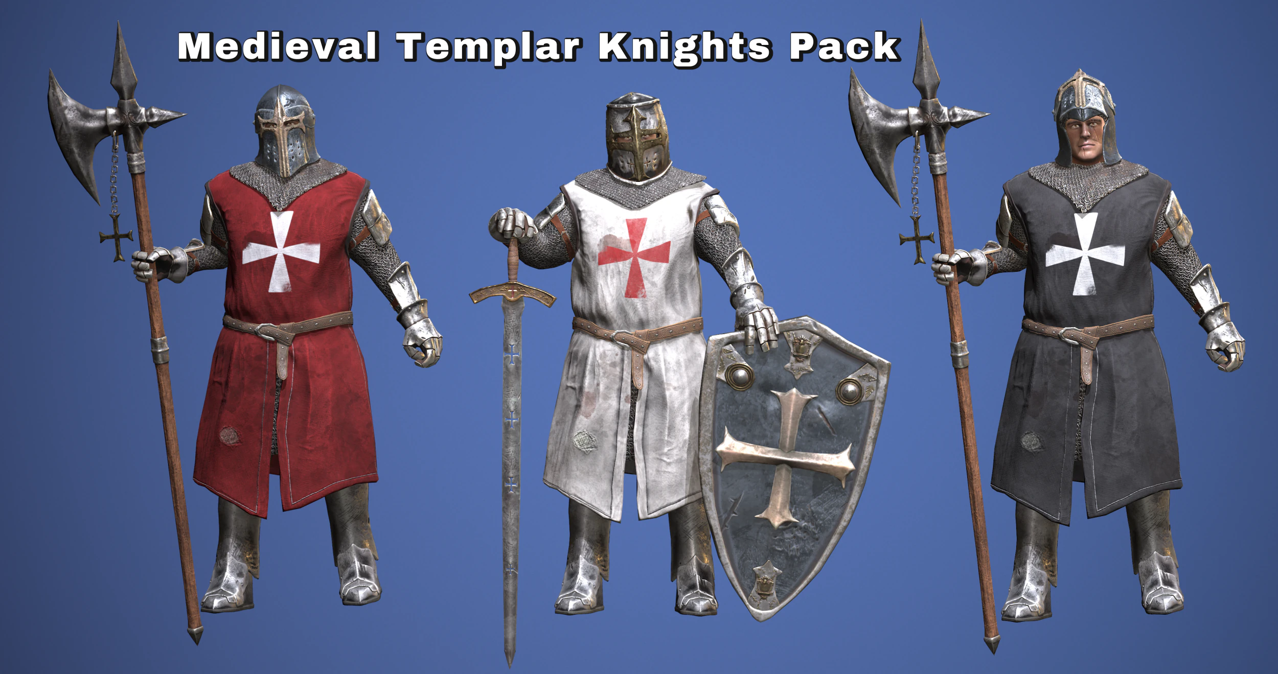 Medieval Templar Knights Pack 3D Model .c4d .max .obj .3ds .fbx .stl .blend 