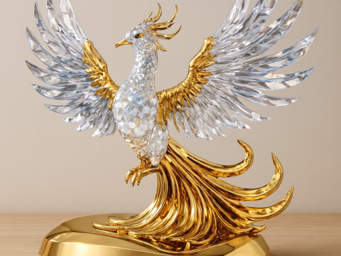 Golden Crystal Phoenix Sculpture 3D Model