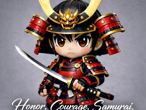 Chibi-Samurai-Krieger stilisierter japanischer R&uuml;stungscharakter 3D Modell