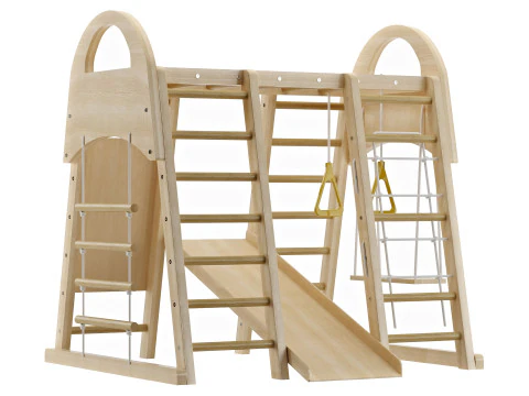 Ensemble de balan&ccedil;oire en bois avec balan&ccedil;oire toboggan et anneaux pour filet d'escalade Modèle 3D