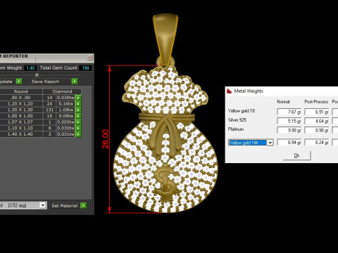 Money Bag Pendant Printable Model Jewelry Gold Luxury 3D Print Model