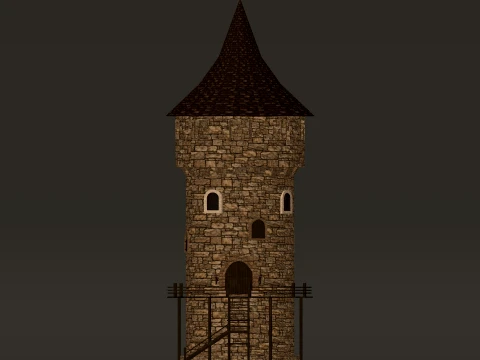 Round Tower Wooden Gallery PBR 1-2-4K 3D Model