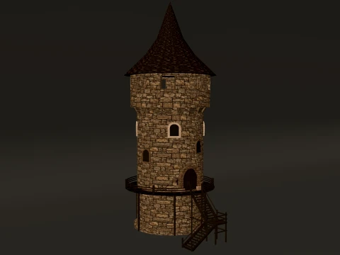 ラウンドタワー木造ギャラリー PBR 1-2-4K 3Dモデル