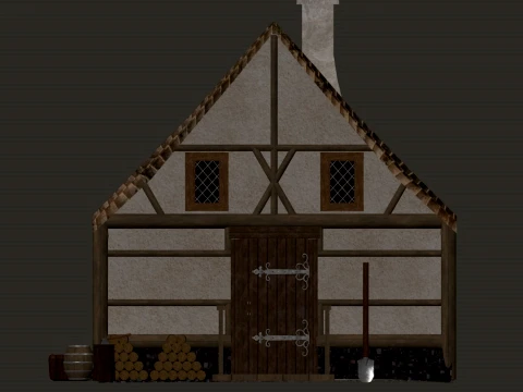 Dwupiętrowy mały dom w średniowiecznej wiosce – PBR 4K Model 3D