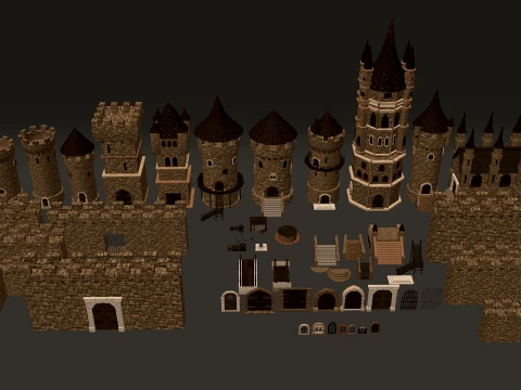 Medieval Castle Modular Pack 1-2K PBR 68 models 3D Model