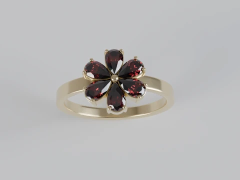 Elegant Floral Flower Ring with Six Pear-Shaped Gemstones 3D Jewelry Model 3D Print Model