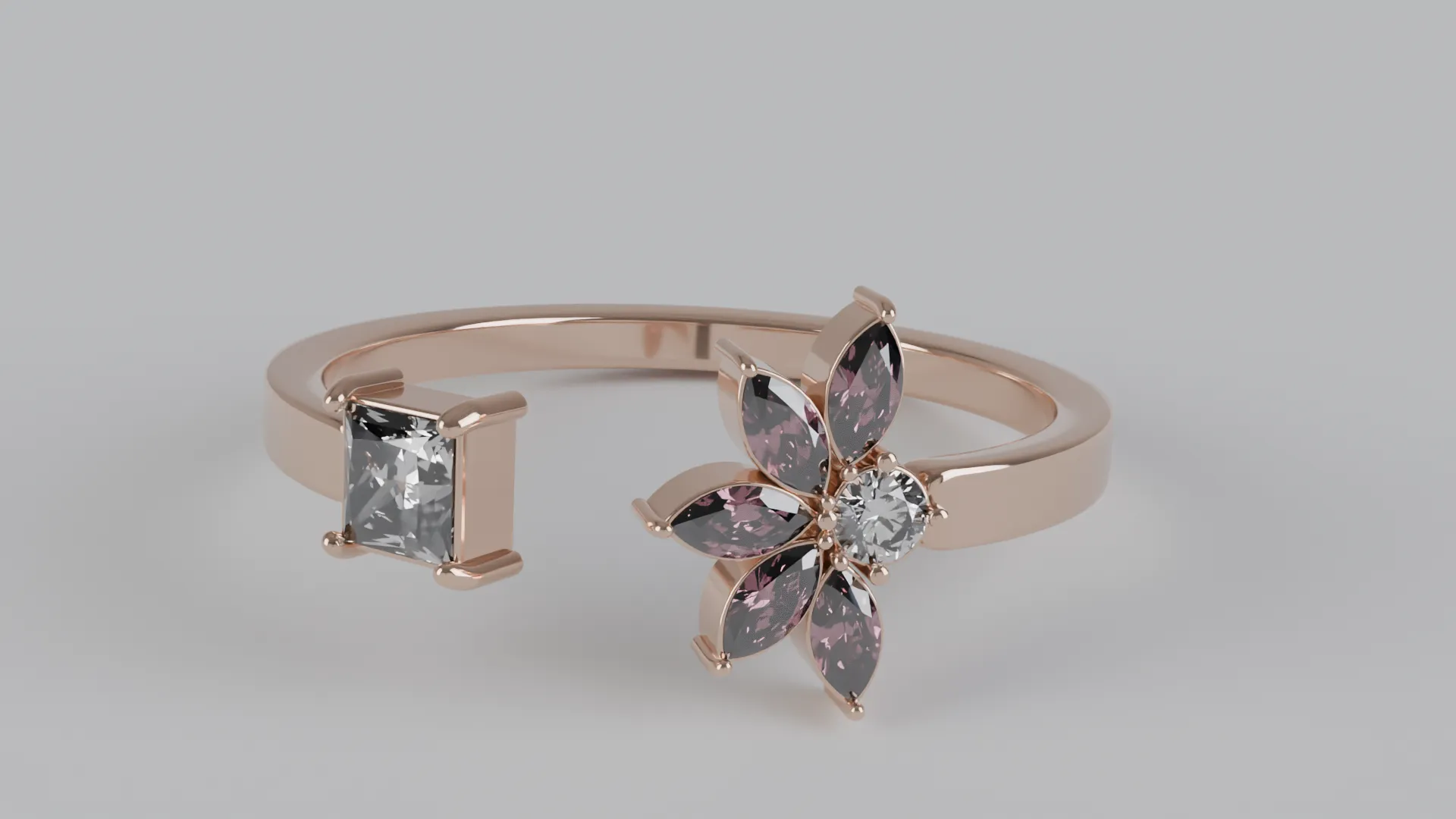 Marquise and Princess Cut Gemstone Floral Engagement Ring 3D Print Model .c4d .max .obj .3ds .fbx .stl .blend 