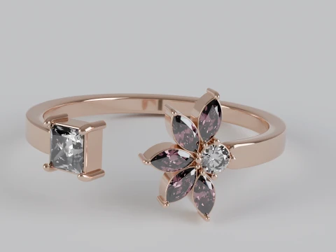 Marquise and Princess Cut Gemstone Floral Engagement Ring 3D Print Model