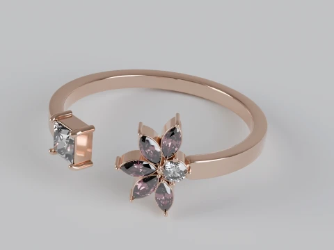 Marquise and Princess Cut Gemstone Floral Engagement Ring 3D Print Model