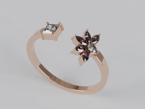 Marquise and Princess Cut Gemstone Floral Engagement Ring 3D Print Model