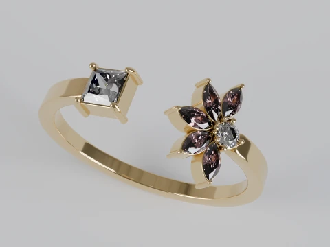 Marquise and Princess Cut Gemstone Floral Engagement Ring 3D Print Model