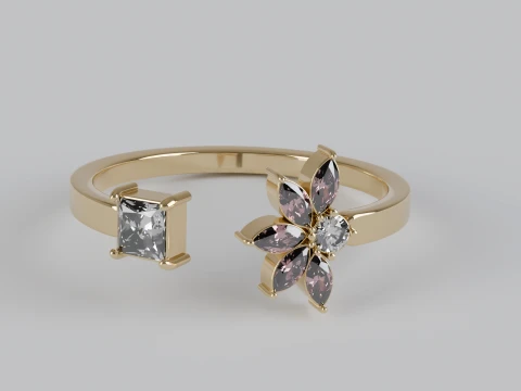 Marquise and Princess Cut Gemstone Floral Engagement Ring 3D Print Model