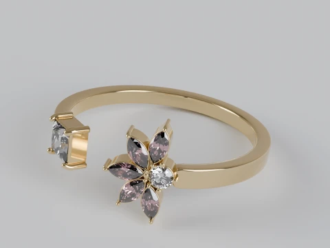 Marquise and Princess Cut Gemstone Floral Engagement Ring 3D Print Model
