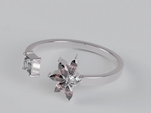 Marquise and Princess Cut Gemstone Floral Engagement Ring 3D Print Model