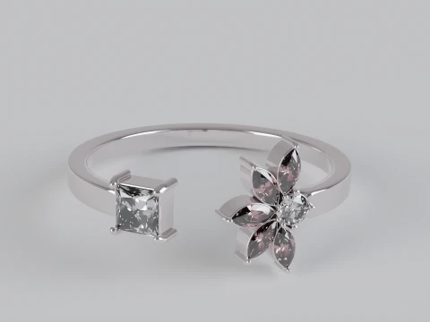 Marquise and Princess Cut Gemstone Floral Engagement Ring 3D Print Model