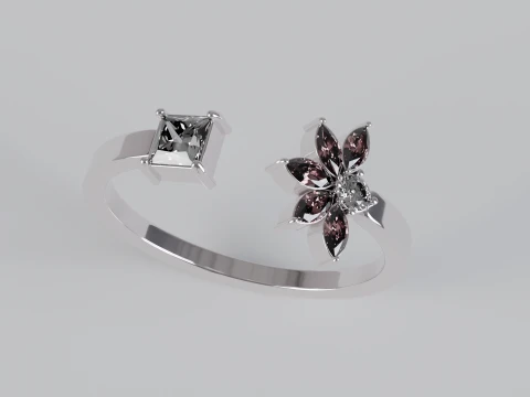 Marquise and Princess Cut Gemstone Floral Engagement Ring 3D Print Model