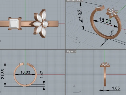Marquise and Princess Cut Gemstone Floral Engagement Ring 3D Print Model