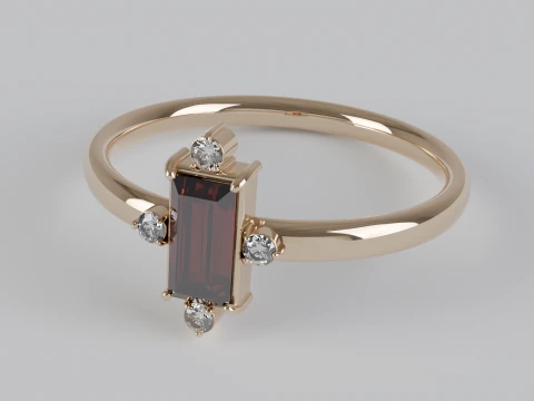 Baguette Cut Red Gemstone Ring with Diamond Accents 3D Printable Jewelry Model 3D Print Model