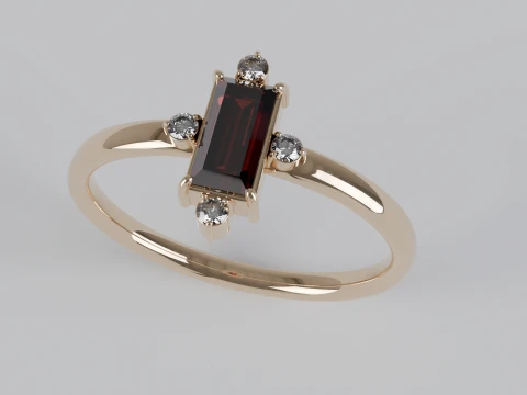 Baguette Cut Red Gemstone Ring with Diamond Accents 3D Printable Jewelry Model 3D Print Model