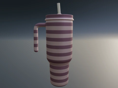 Stylized Striped Thermo Tumbler with Handle and Straw 3D Model