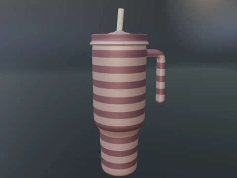 Stylized Striped Thermo Tumbler with Handle and Straw 3D Model