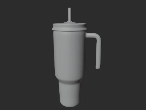 Stylized Striped Thermo Tumbler with Handle and Straw 3D Model