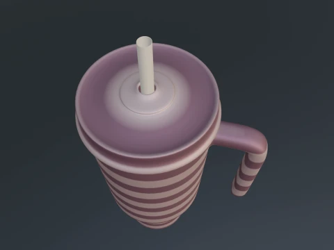 Stylized Striped Thermo Tumbler with Handle and Straw 3D Model