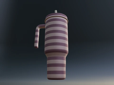 Stylized Striped Thermo Tumbler with Handle and Straw 3D Model