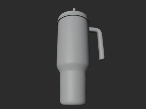 Stylized Striped Thermo Tumbler with Handle and Straw 3D Model