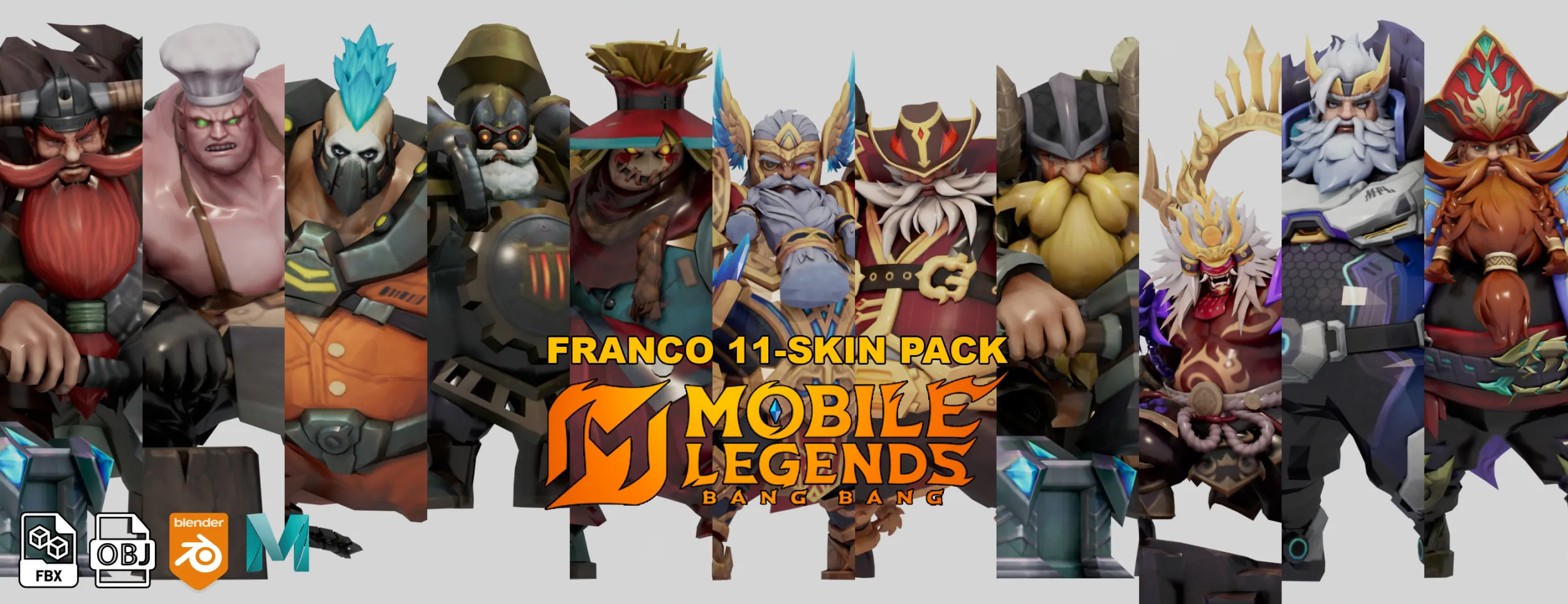 FRANCO 11-SKIN PACK - MOBILE LEGENDS BANG 3D Model .c4d .max .obj .3ds .fbx .stl .blend 